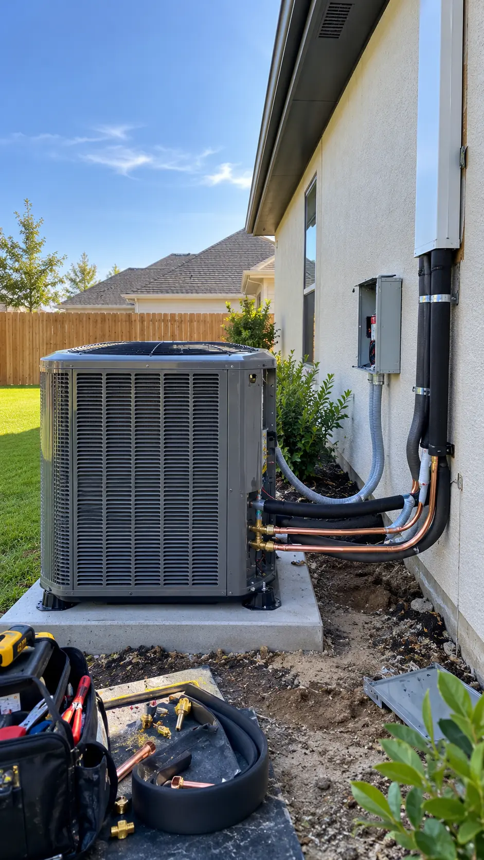 Residential HVAC condenser installed on a concrete pad with disconnect and line set