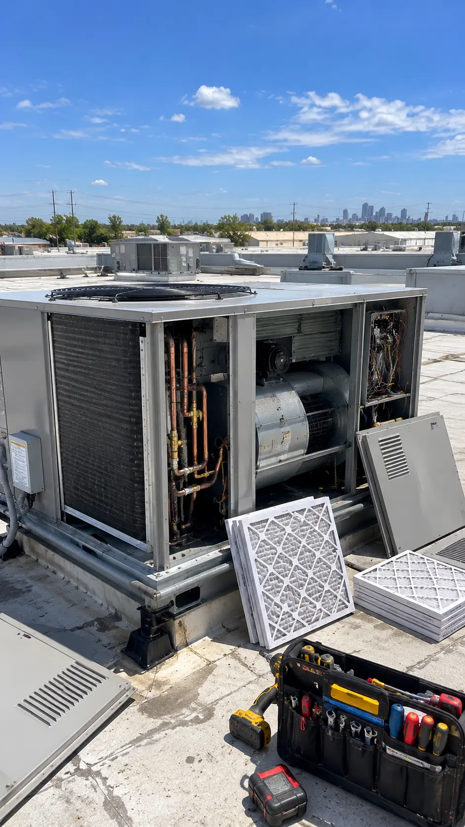Commercial rooftop HVAC unit with the city skyline behind